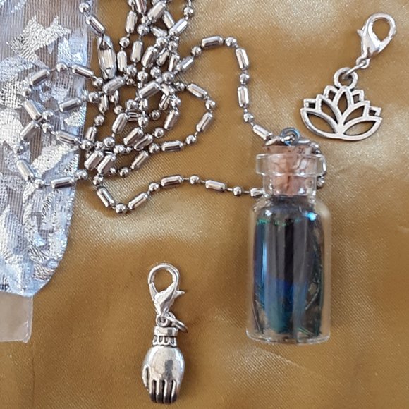 Peacock Feather Glass Bottle Necklace Buddha Hand Lotus Dream Zip Pull Handmade - Picture 2 of 15